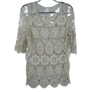 Crocheted, long floral design retro vintage top Off White Cotton New